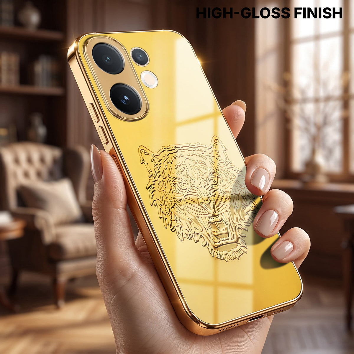 Vivo V60 5G Golden Tiger Face Gold Electroplated Glass Phone Back Case