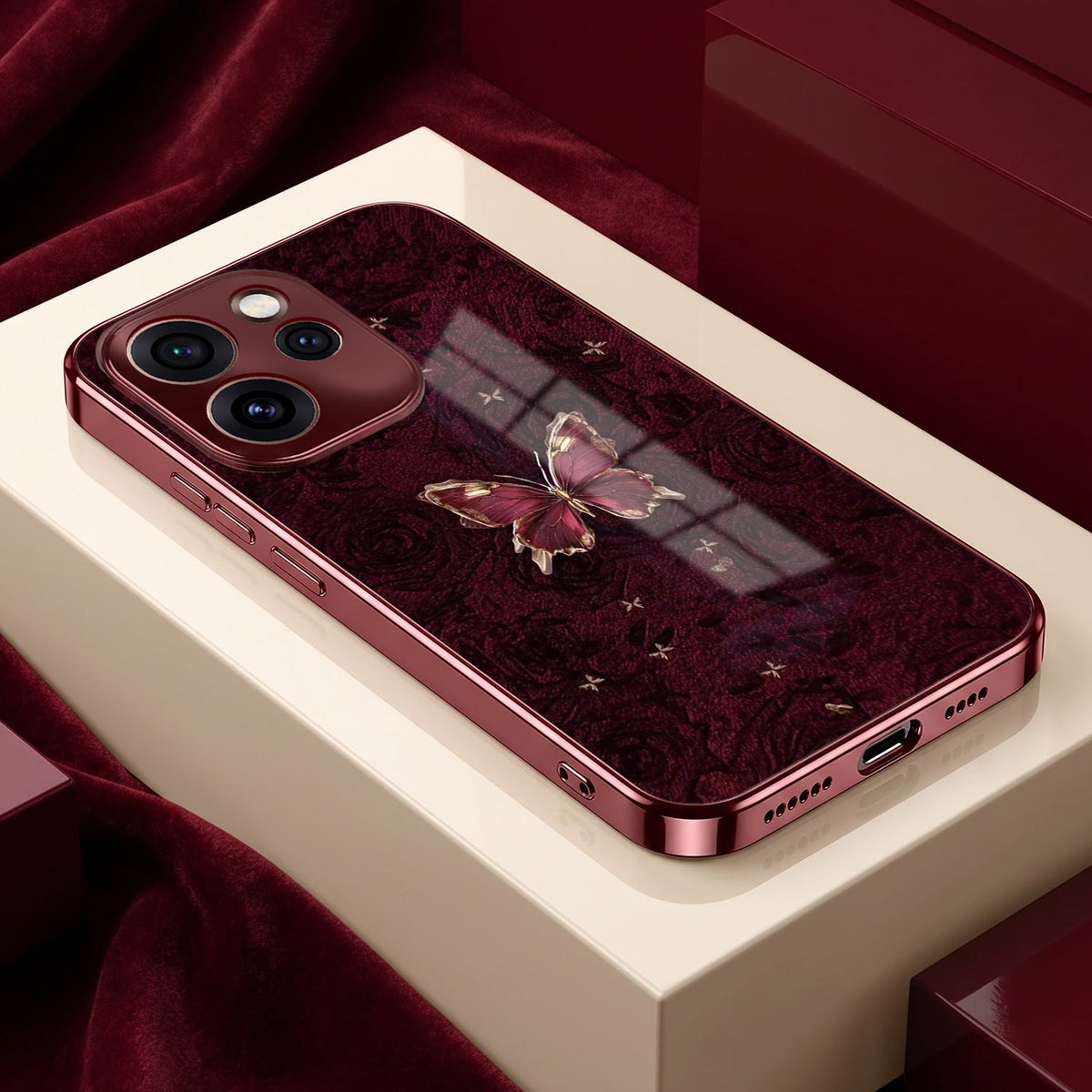 Oppo Reno 15 Pro Mini 5G Butterfly Burgundy Electroplated Glass Back Case