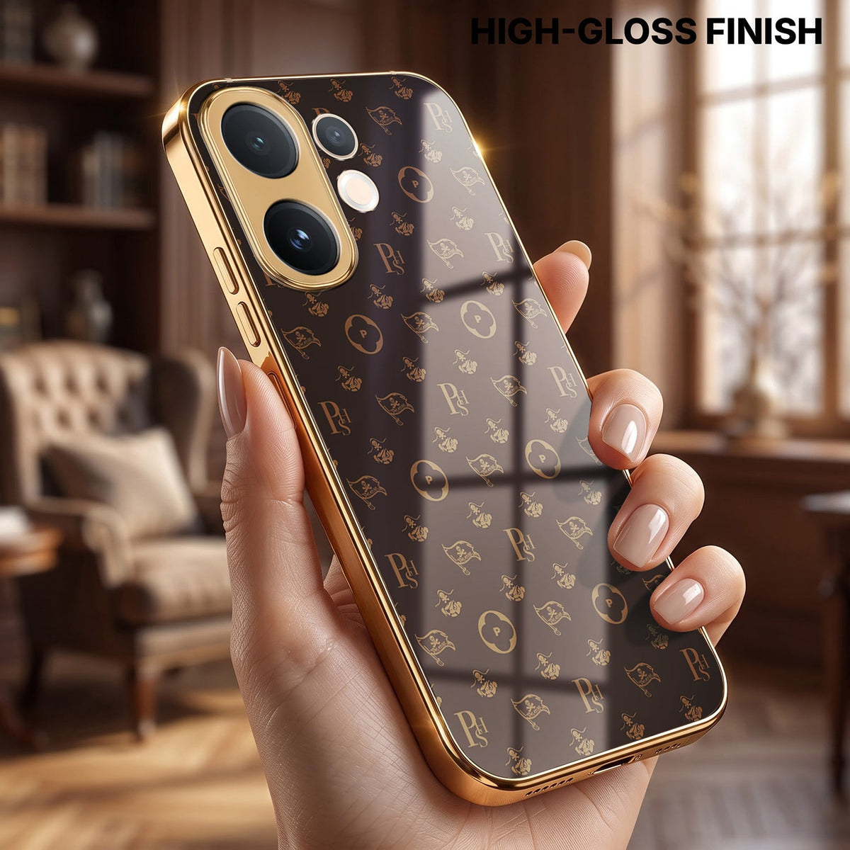Vivo V60 5G Luxury Monogram Brown Gold Electroplated Glass Phone Back Case