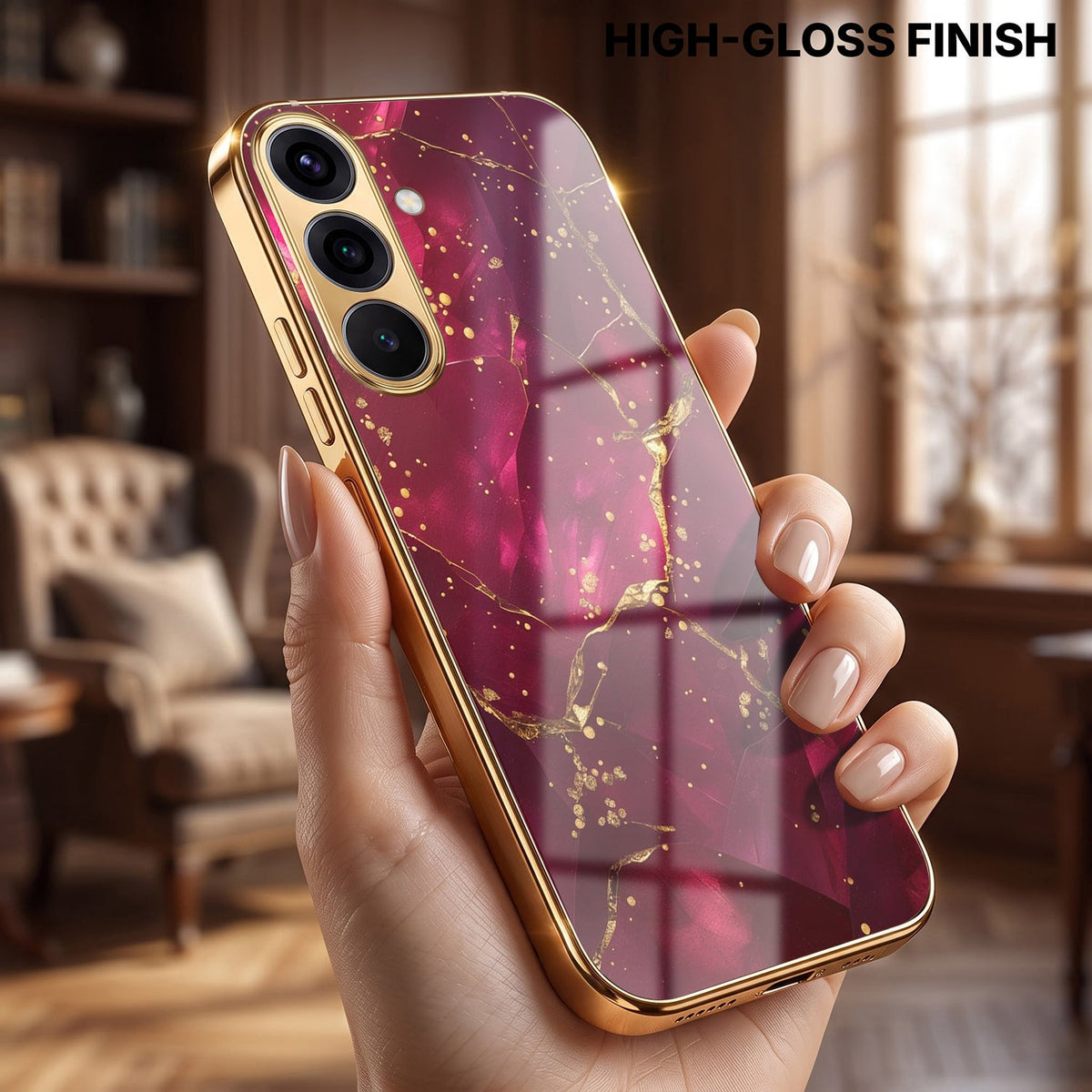 Samsung Galaxy A56 5G Luxury Crimson Marble Gold Electroplated Glass Phone Back Case