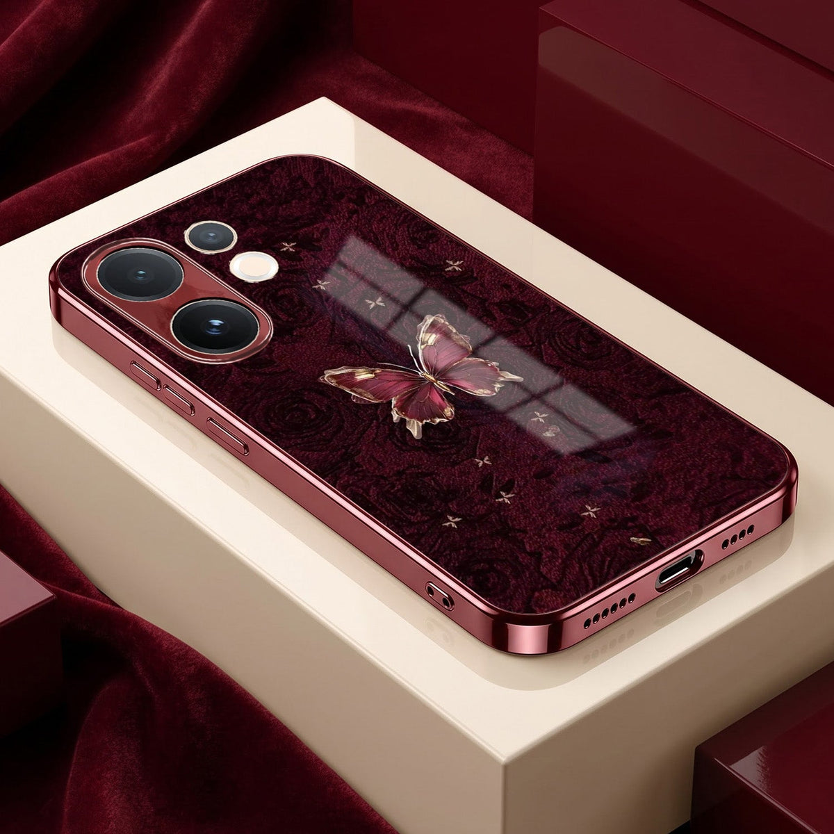 Vivo V60 5G Butterfly Burgundy Electroplated Glass Back Case