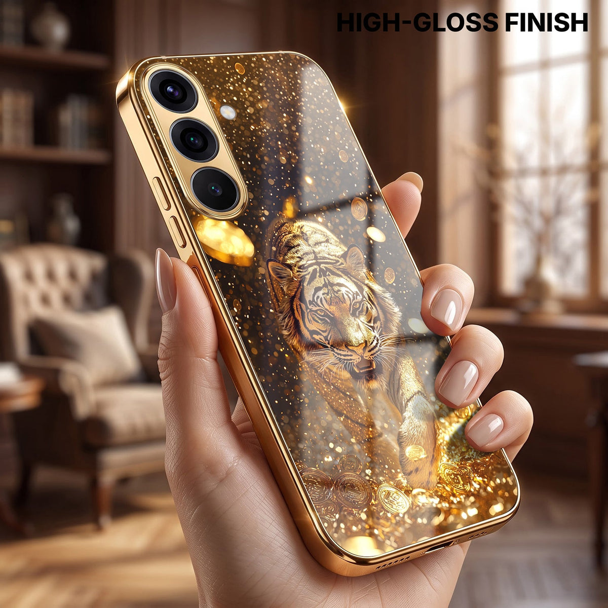 Samsung Galaxy A56 5G Luxury Tiger Gold Electroplated Glass Phone Back Case