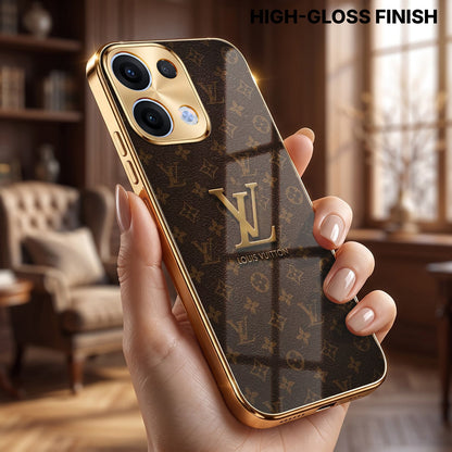 Oppo Reno 13 5G LV Brown Monogram Gold Electroplated Glass Phone Back Case