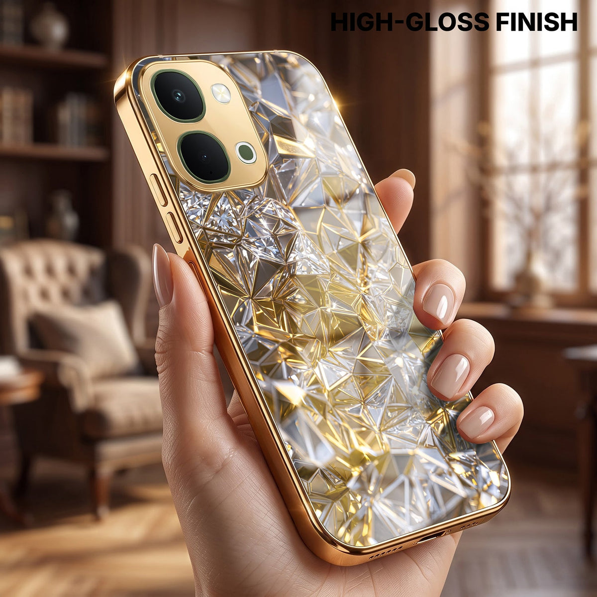 Vivo T5x 5G White Diamond Shatter Gold Electroplated Glass Phone Back Case