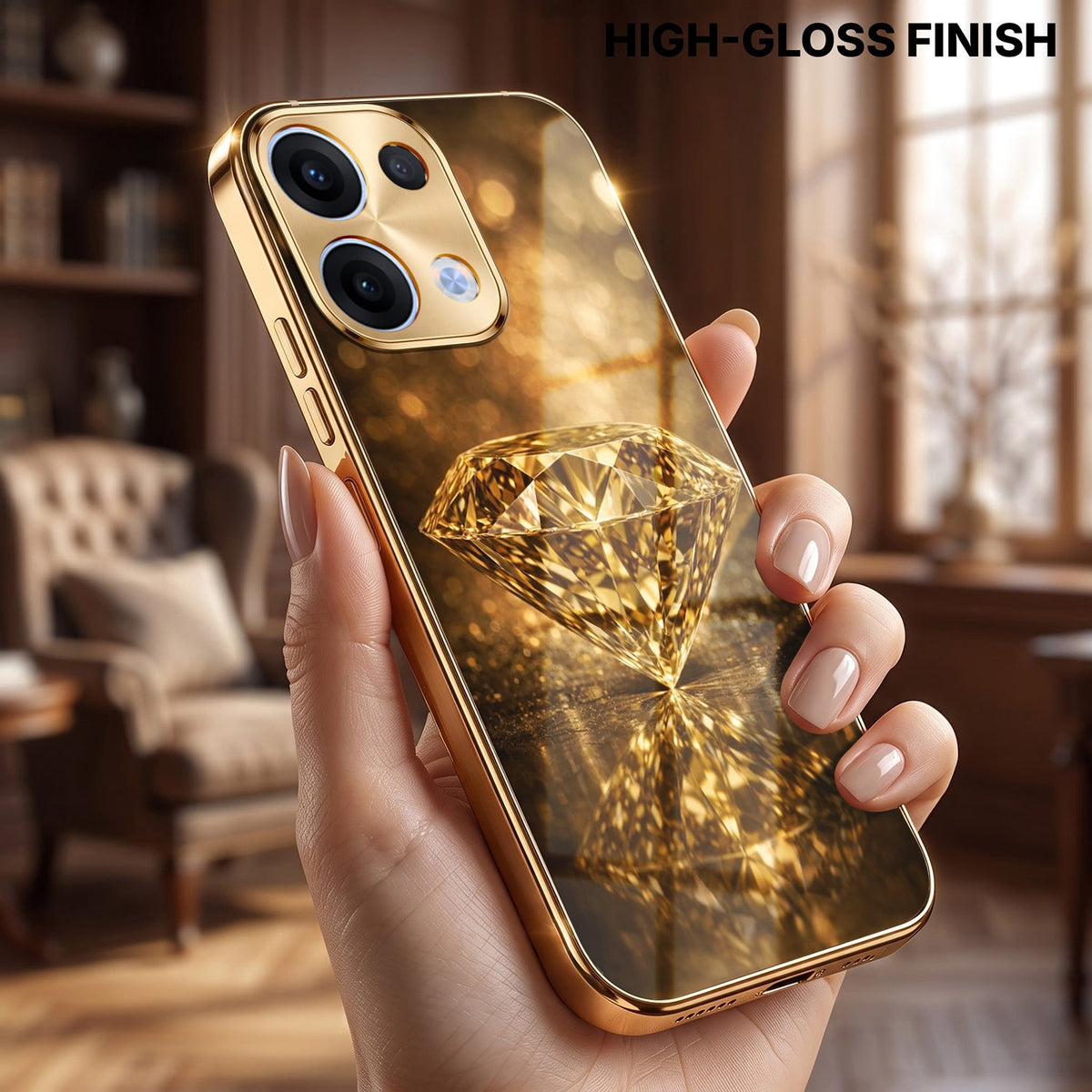 Oppo Reno 13 5G Golden Diamond Gold Electroplated Glass Phone Back Case