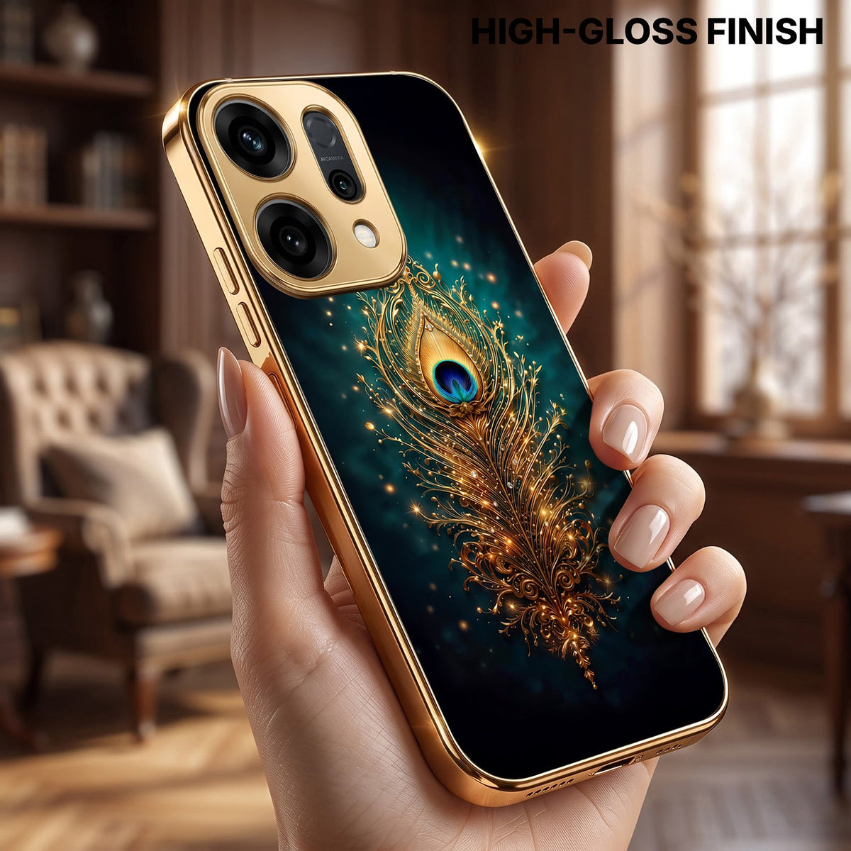 Oppo Reno 14 5G Golden Peacock Feather Gold Electroplated Glass Phone Back Case