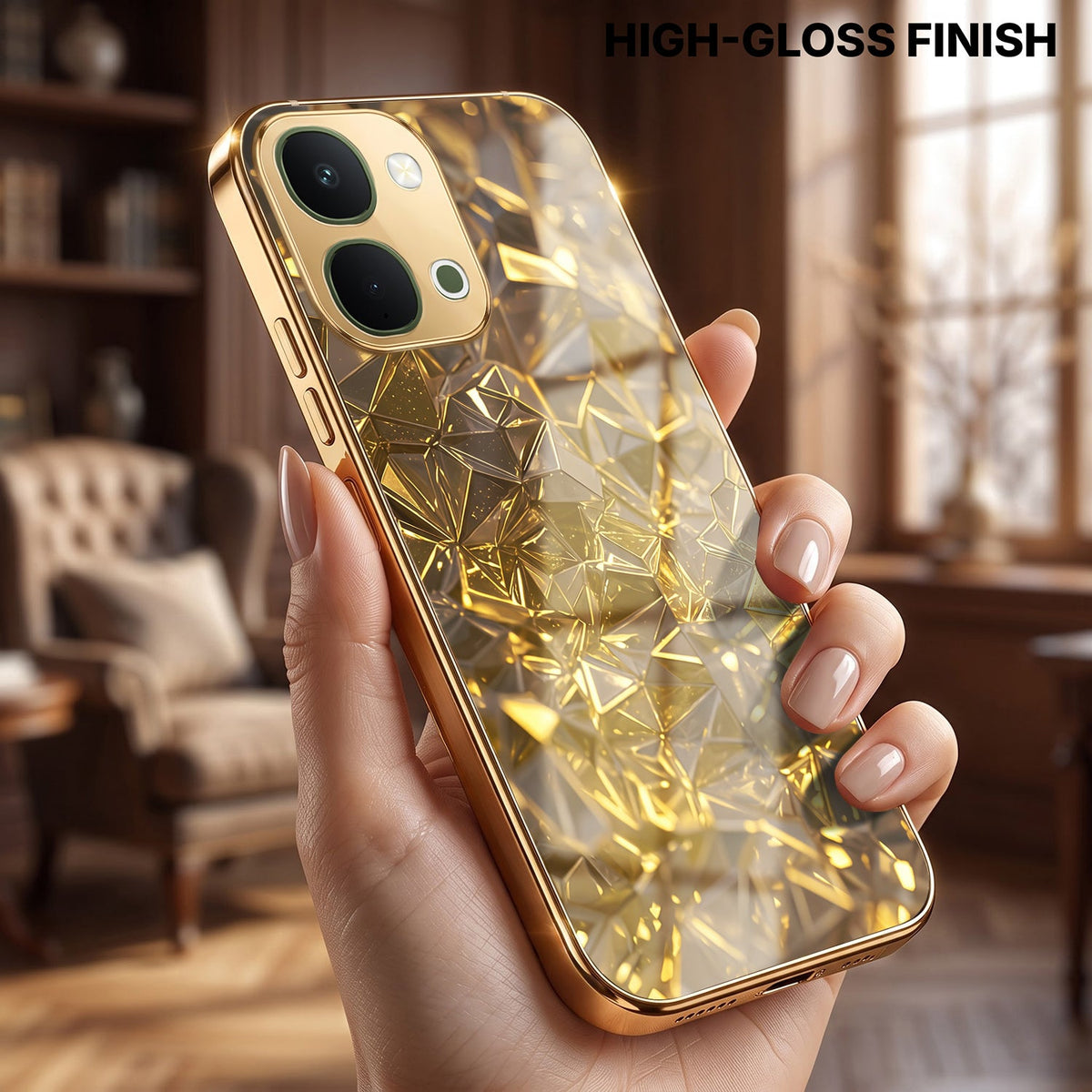 Vivo T5x 5G Golden Diamond Shatter Gold Electroplated Glass Phone Back Case