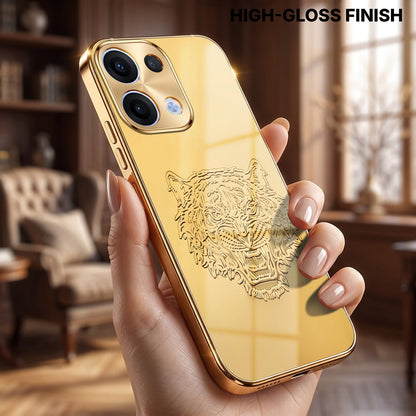 Oppo Reno 13 5G Golden Tiger Face Gold Electroplated Glass Phone Back Case