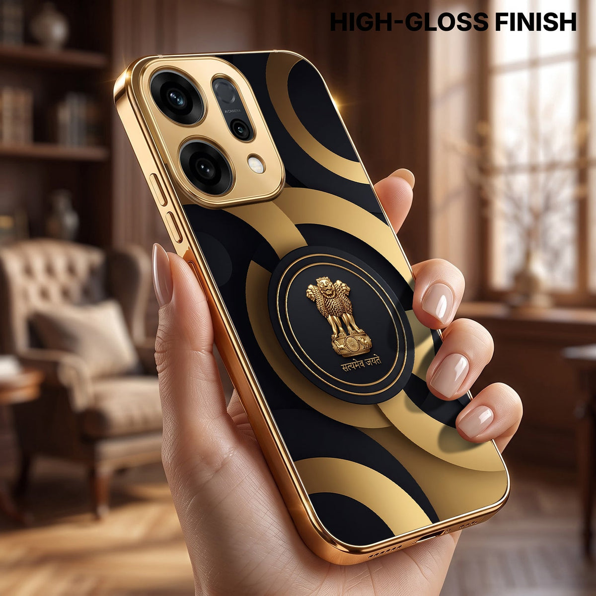 Oppo Reno 14 5G Royal Emblem Gold Electroplated Glass Phone Back Case