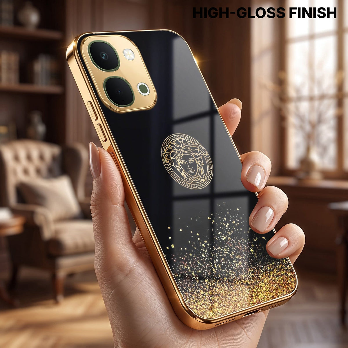 Vivo T5x 5G Medusa Head Gold Electroplated Glass Phone Back Case