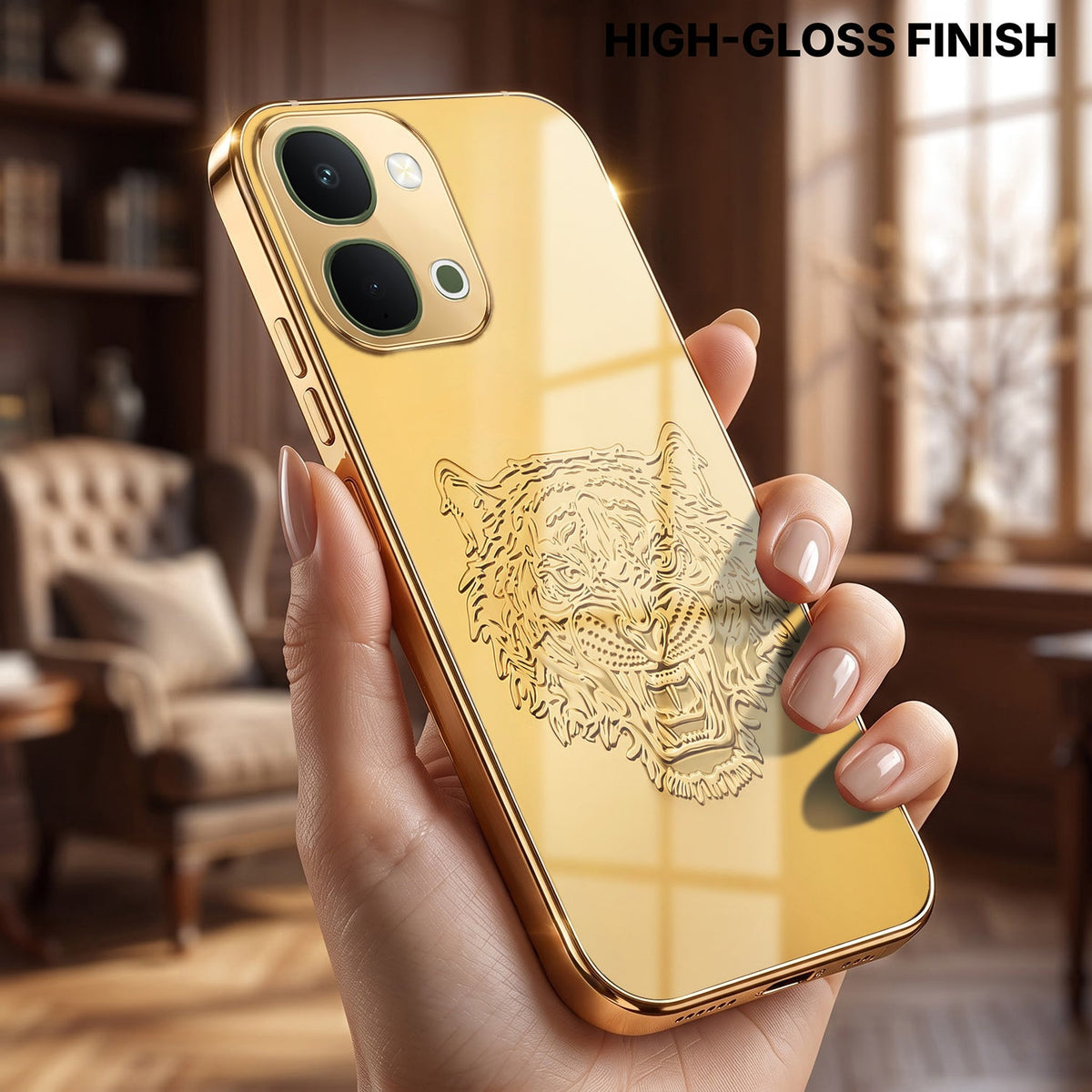 Vivo T5x 5G Golden Tiger Face Gold Electroplated Glass Phone Back Case