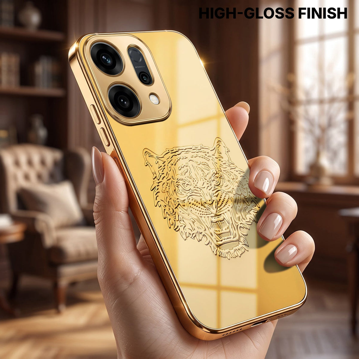 Oppo Reno 14 5G Golden Tiger Face Gold Electroplated Glass Phone Back Case