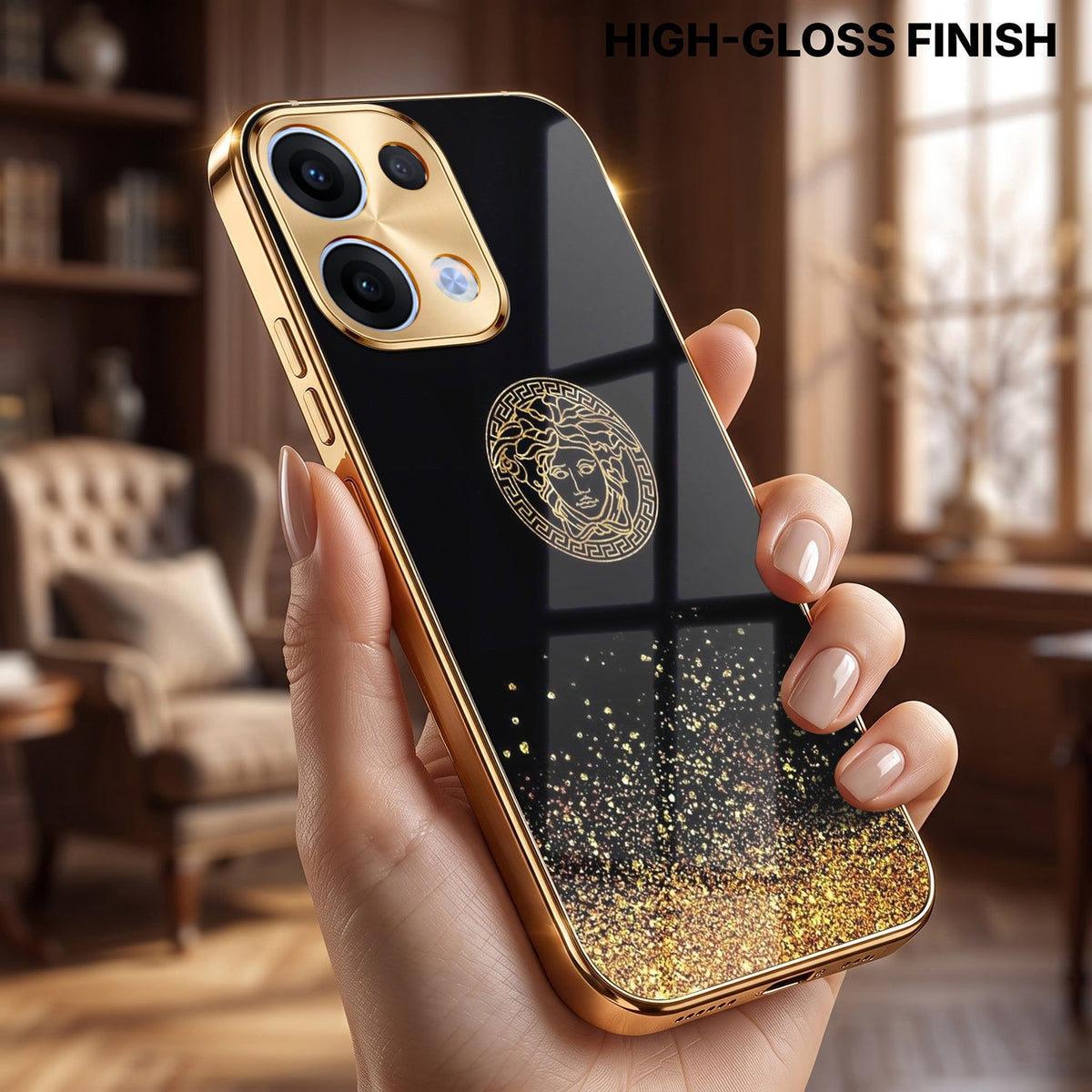 Oppo Reno 13 5G Medusa Head Gold Electroplated Glass Phone Back Case