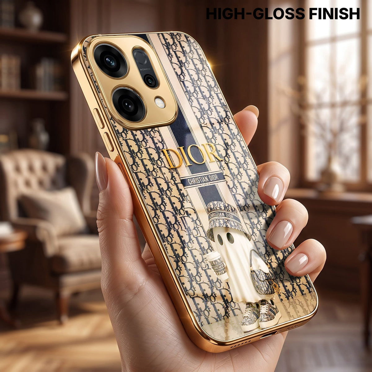 Oppo Reno 14 5G Luxury Dior Gold Electroplated Glass Phone Back Case