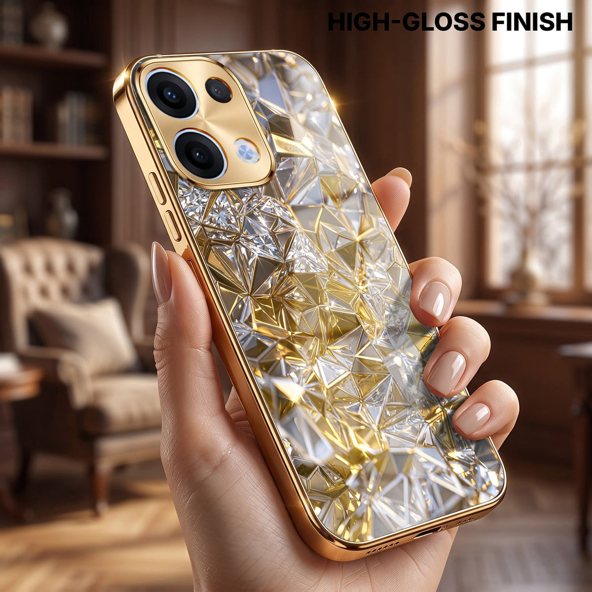 Oppo Reno 13 5G White Diamond Shatter Gold Electroplated Glass Phone Back Case