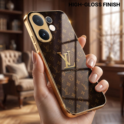 Vivo V60 5G LV Brown Monogram Gold Electroplated Glass Phone Back Case