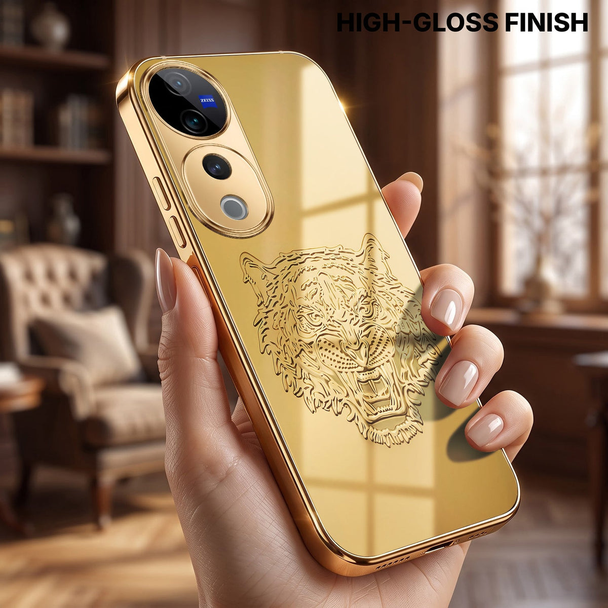 Vivo V40 Pro 5G Golden Tiger Face Gold Electroplated Glass Phone Back Case