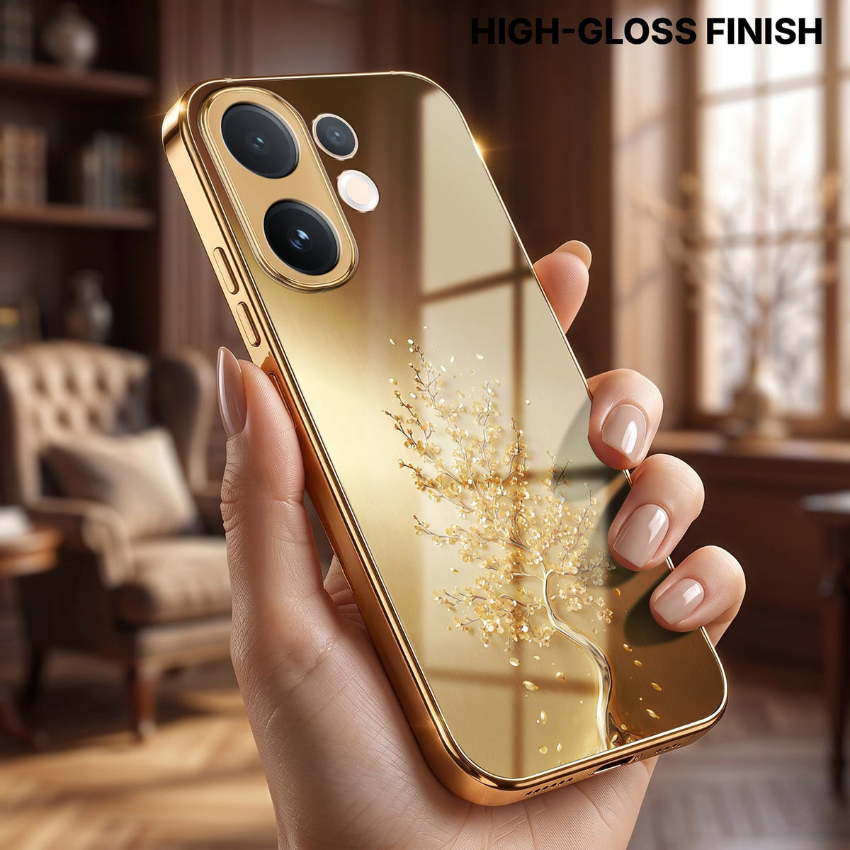 Vivo V60 5G Golden Tree Gold Electroplated Glass Phone Back Case
