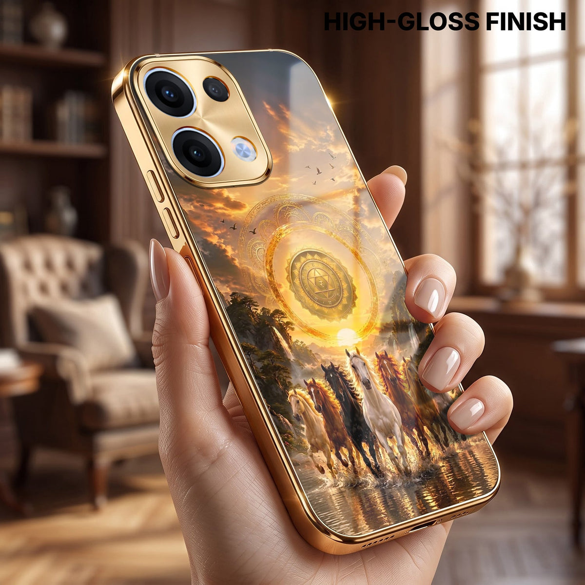 Oppo Reno 13 5G Celestial Seven Horses Gold Electroplated Glass Phone Back Case