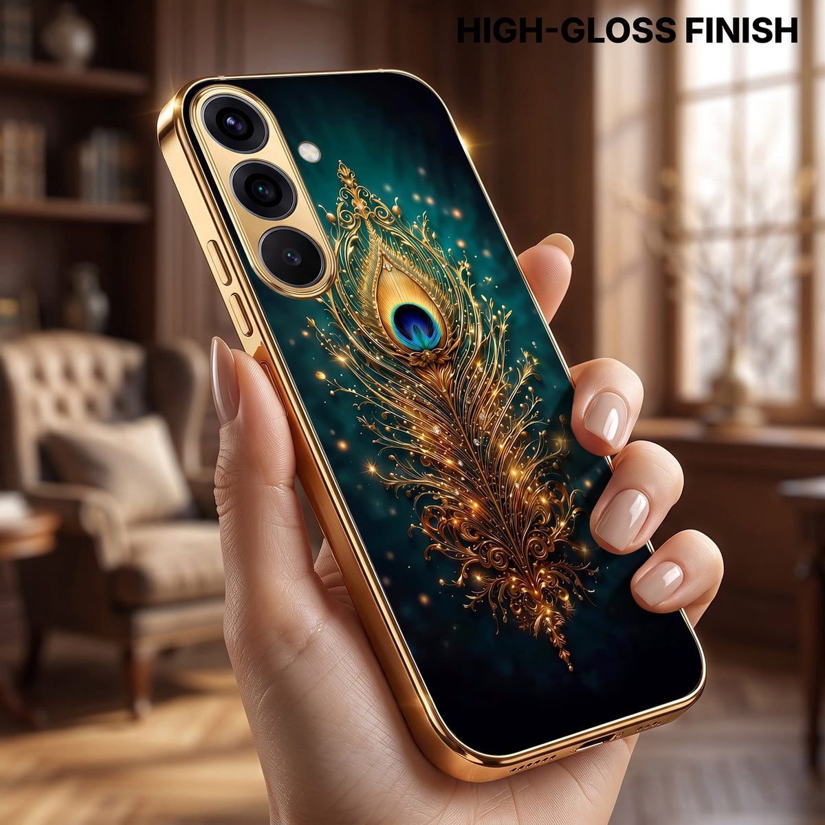 Samsung Galaxy A36 5G Golden Peacock Feather Gold Electroplated Glass Phone Back Case