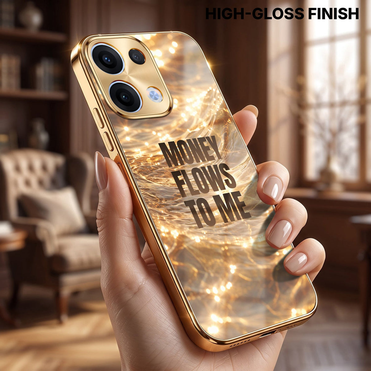 Oppo Reno 13 5G Money Flows To Me Gold Electroplated Glass Phone Back Case