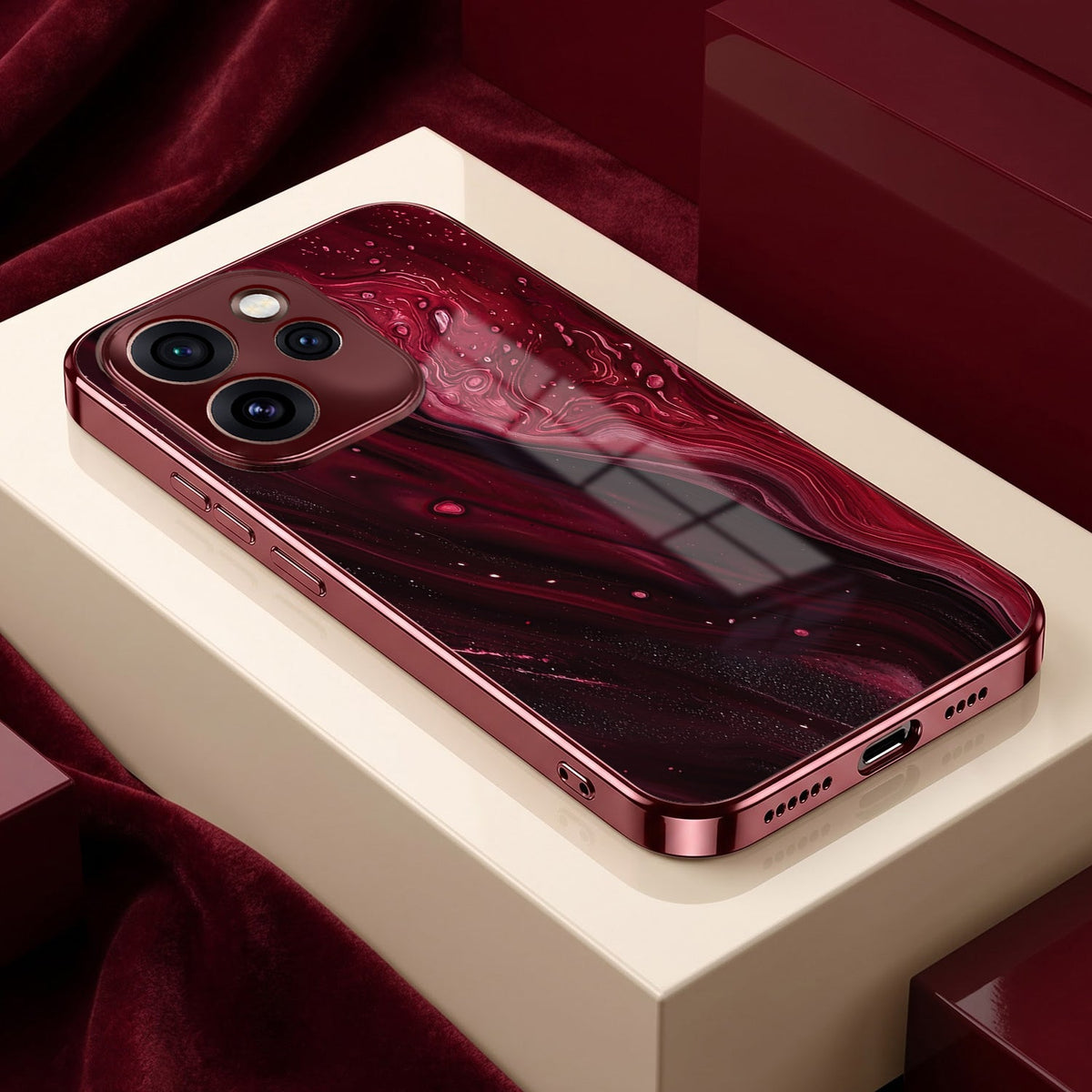 Oppo Reno 15 Pro Mini 5G Marble Burgundy Electroplated Glass Back Case