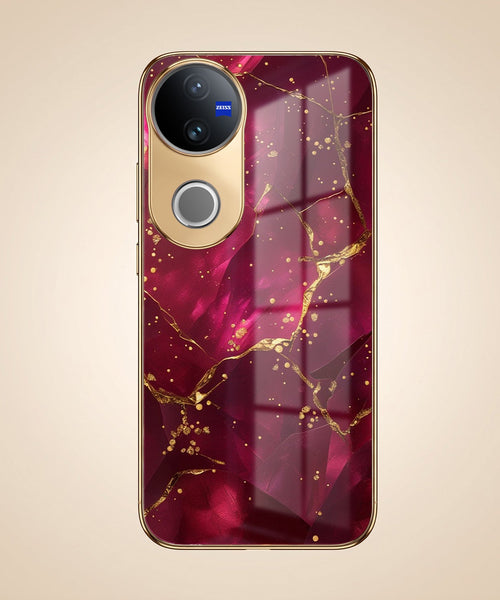 Vivo V50 5G Luxury Crimson Marble Gold Electroplated Glass Phone Back Case