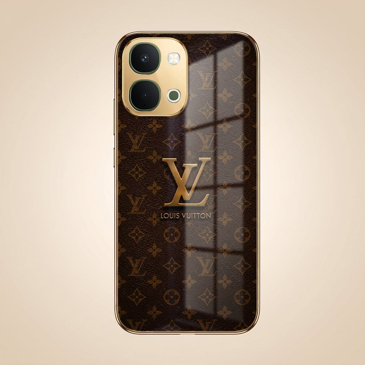 Vivo T5x 5G LV Brown Monogram Gold Electroplated Glass Phone Back Case