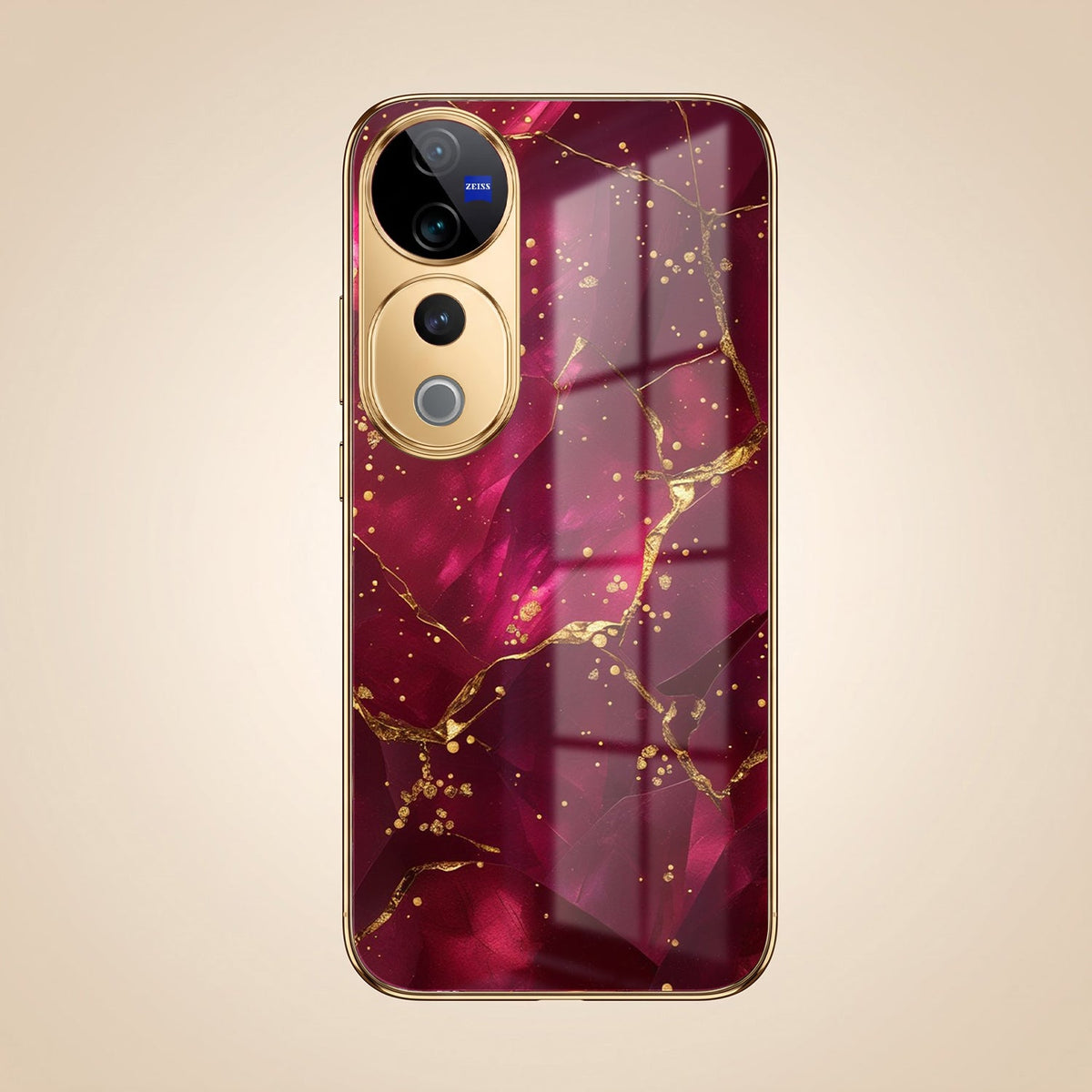 Vivo V40 Pro 5G Luxury Crimson Marble Gold Electroplated Glass Phone Back Case