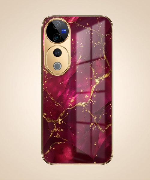 Vivo V40 Pro 5G Luxury Crimson Marble Gold Electroplated Glass Phone Back Case