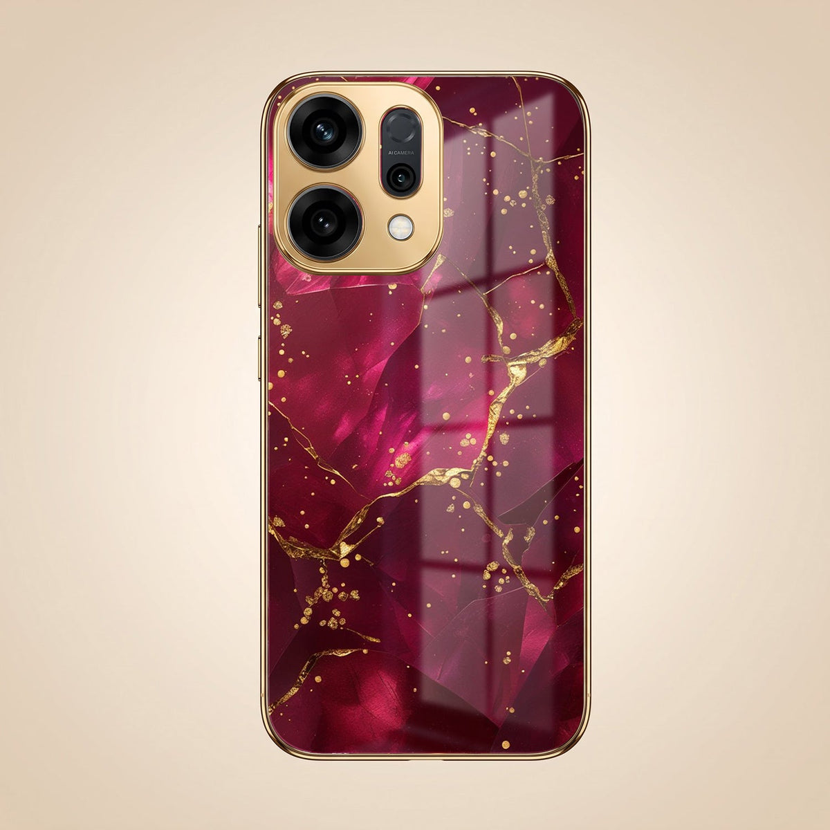 Oppo Reno 14 5G Luxury Crimson Marble Gold Electroplated Glass Phone Back Case