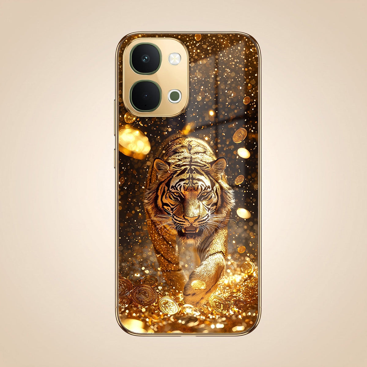 Vivo T5X 5G Luxury Tiger Gold Electroplated Glass Phone Back Case
