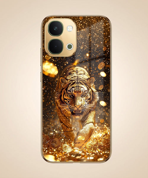 Vivo T5X 5G Luxury Tiger Gold Electroplated Glass Phone Back Case