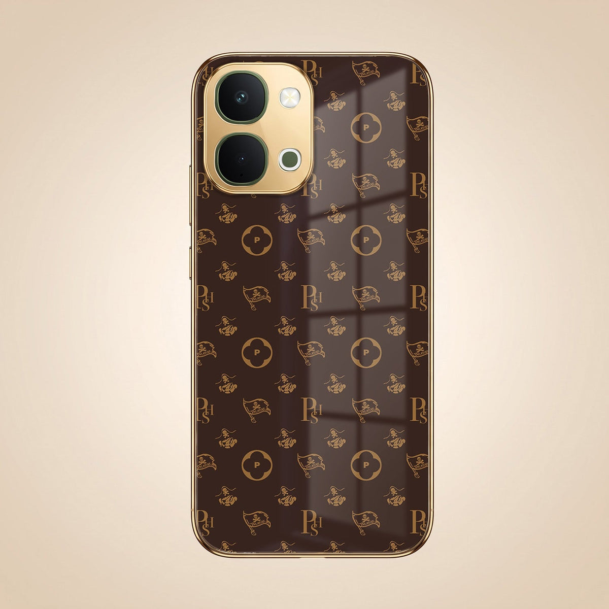 Vivo T5X 5G Luxury Monogram Brown Gold Electroplated Glass Phone Back Case