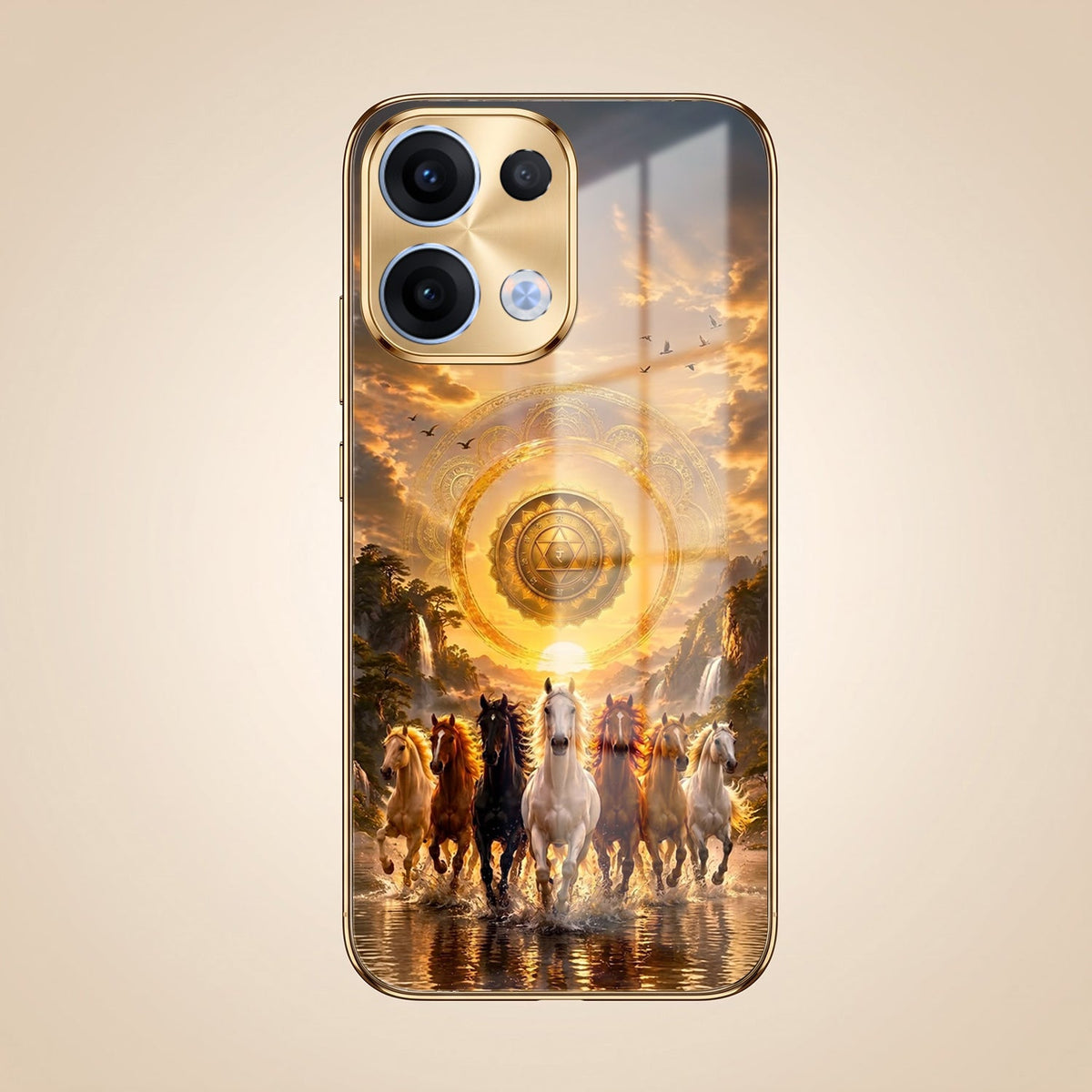 Oppo Reno 13 5G Celestial Seven Horses Gold Electroplated Glass Phone Back Case
