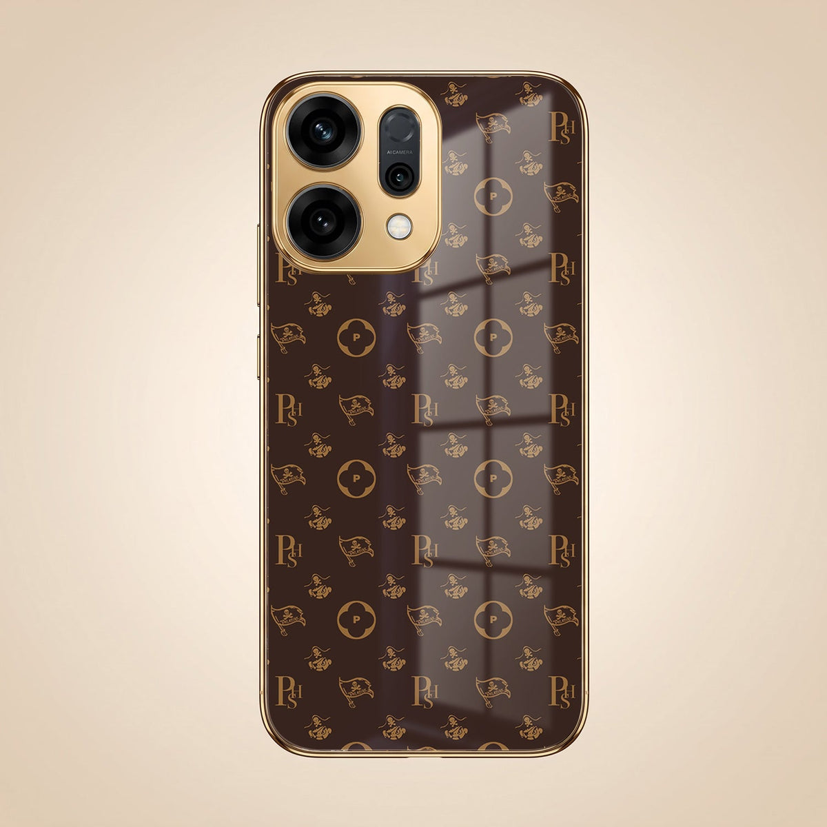 Oppo Reno 14 5G Luxury Monogram Brown Gold Electroplated Glass Phone Back Case