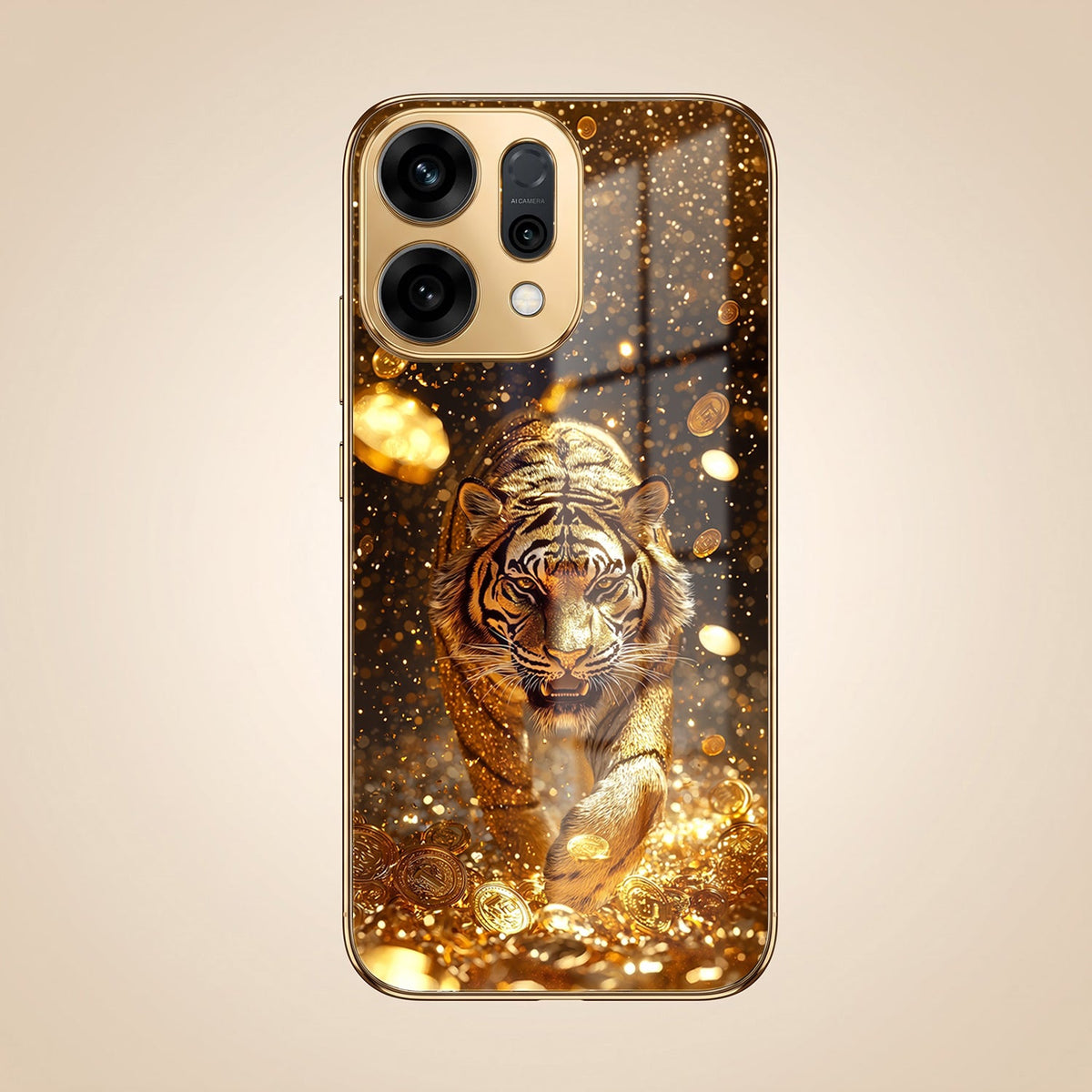 Oppo Reno 14 5G Luxury Tiger Gold Electroplated Glass Phone Back Case