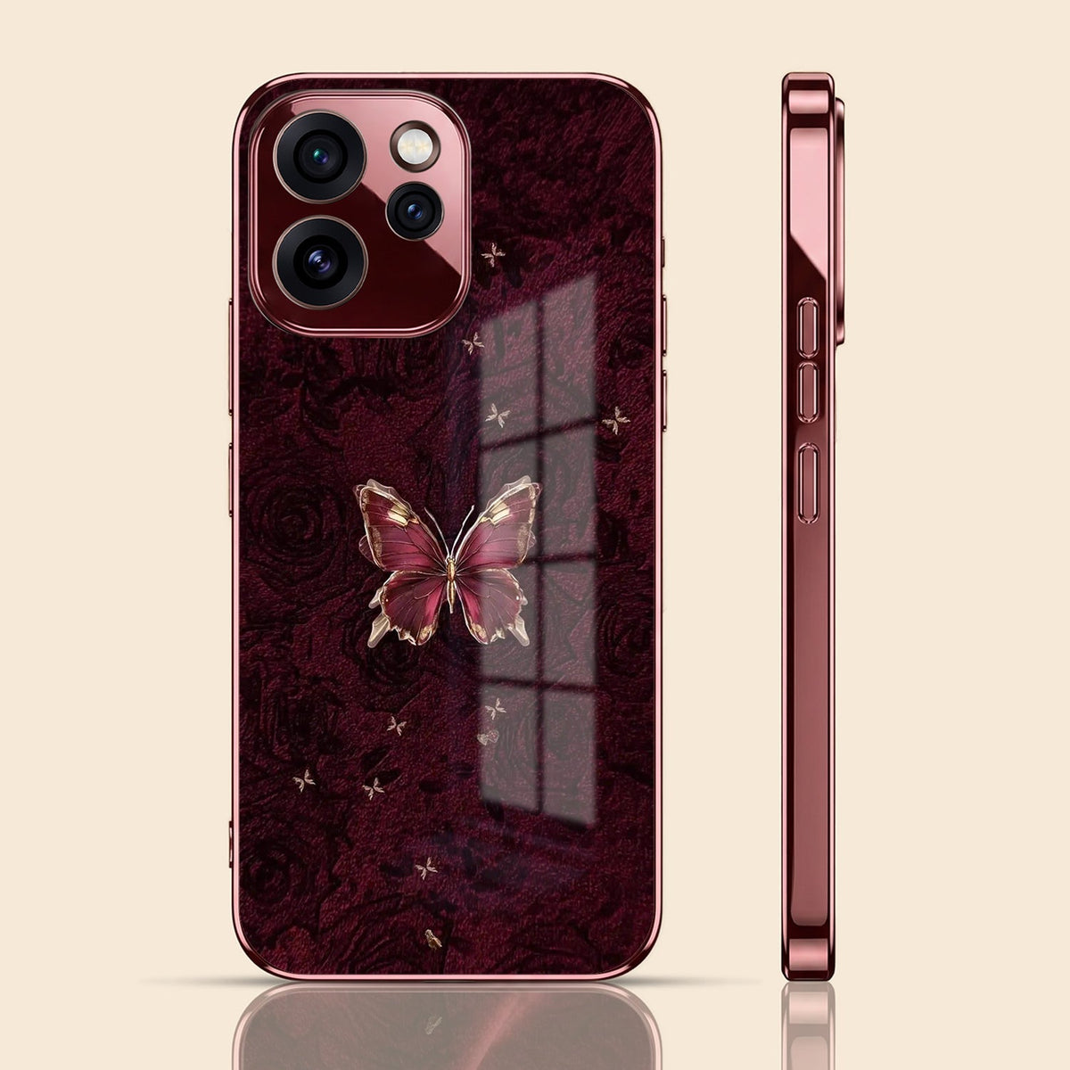 Oppo Reno 15 Pro Mini 5G Butterfly Burgundy Electroplated Glass Back Case
