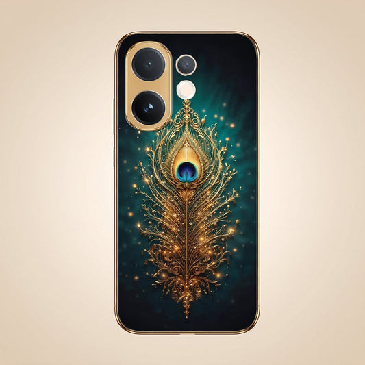 Vivo V60e 5G Golden Peacock Feather Gold Electroplated Glass Phone Back Case
