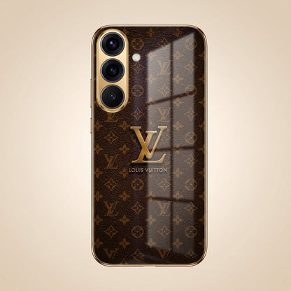Samsung Galaxy A56 5G LV Brown Monogram Gold Electroplated Glass Phone Back Case