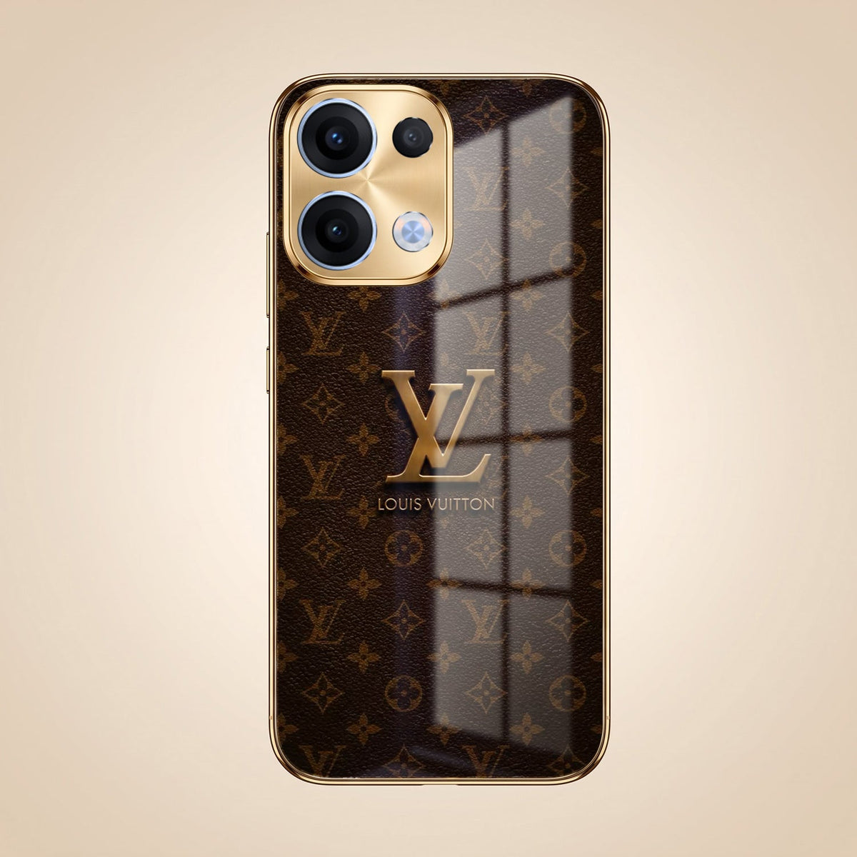 Oppo Reno 13 5G LV Brown Monogram Gold Electroplated Glass Phone Back Case