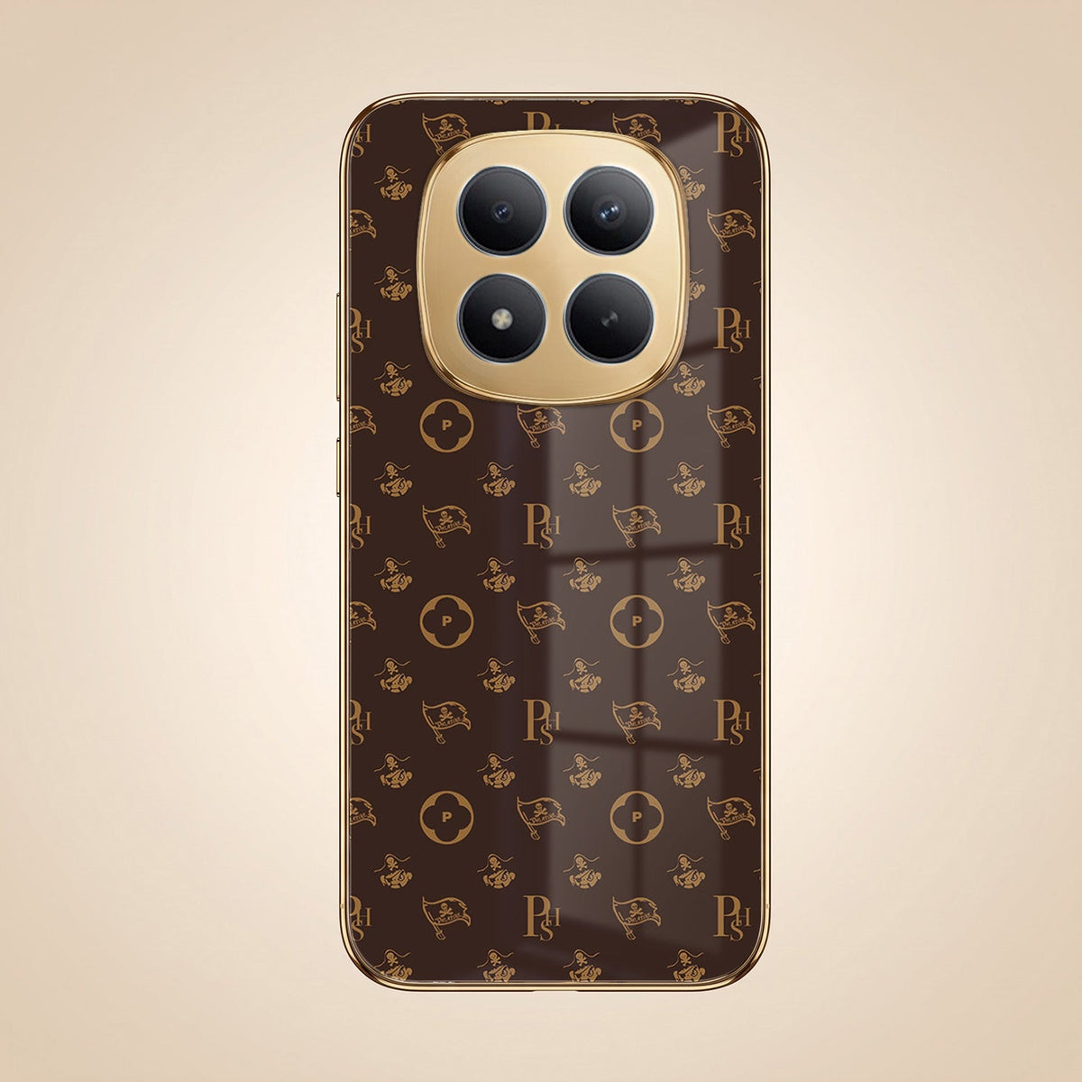 Redmi Note 15 Pro Plus 5G Luxury Monogram Brown Gold Electroplated Glass Phone Back Case