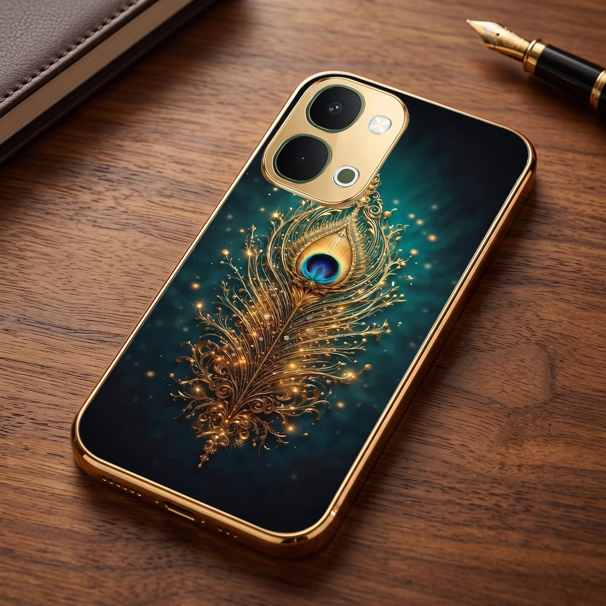 Vivo Y51 Pro 5G Golden Peacock Feather Gold Electroplated Glass Phone Back Case