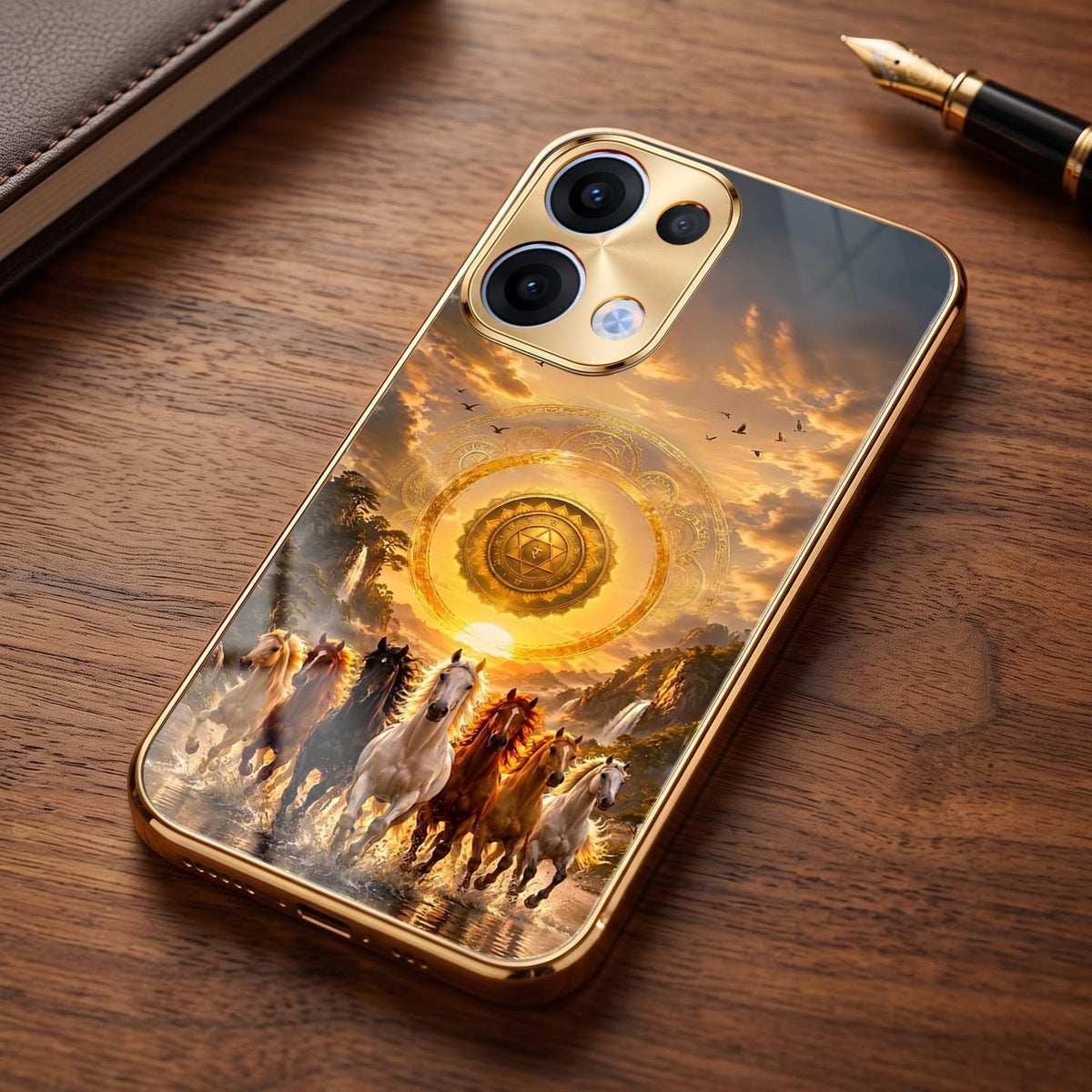 Oppo Reno 13 5G Celestial Seven Horses Gold Electroplated Glass Phone Back Case