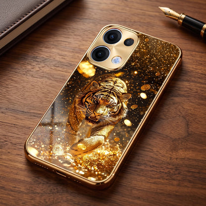 Oppo Reno 13 5G Luxury Tiger Gold Electroplated Glass Phone Back Case