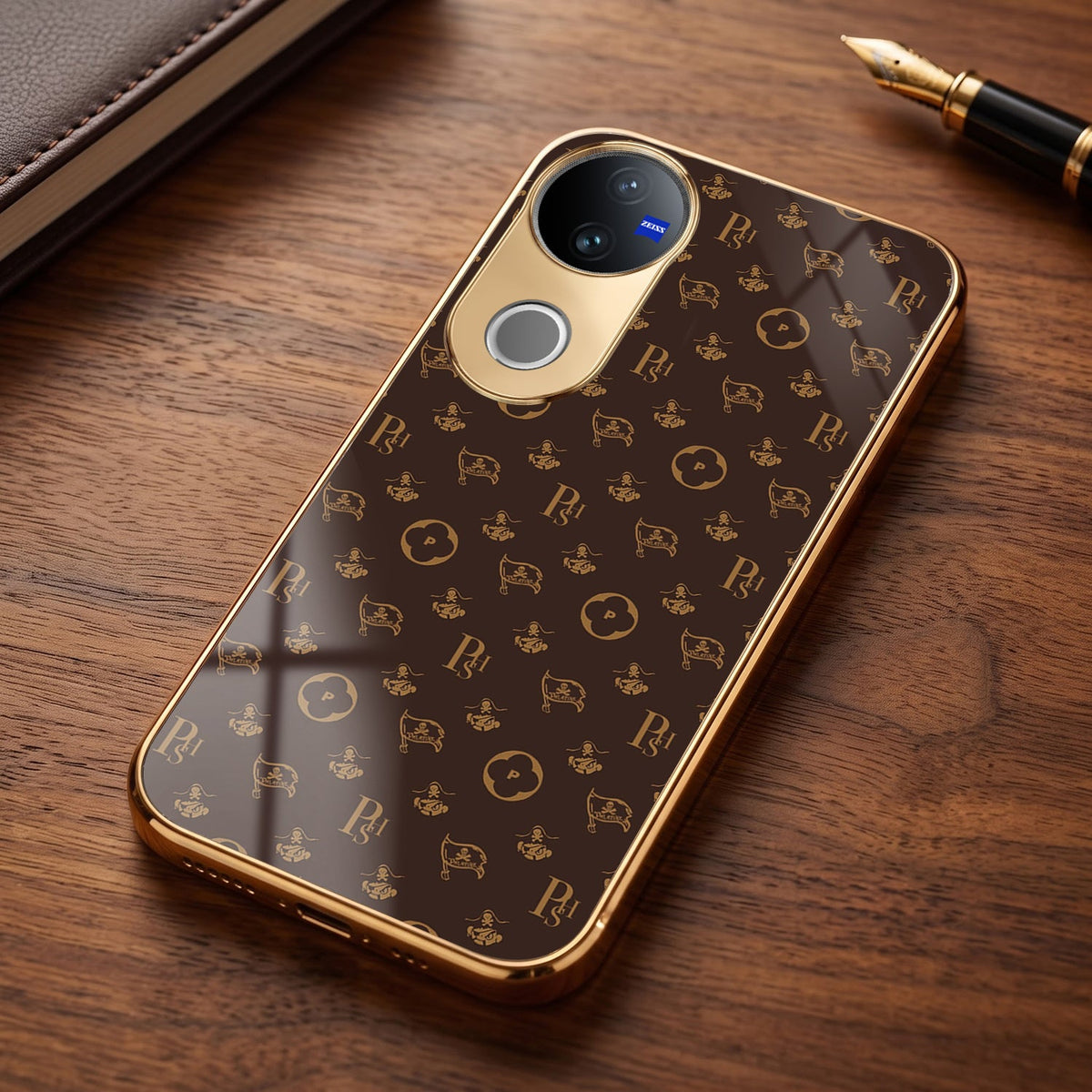 Vivo V50 5G Luxury Monogram Brown Electroplated Gold Glass Case