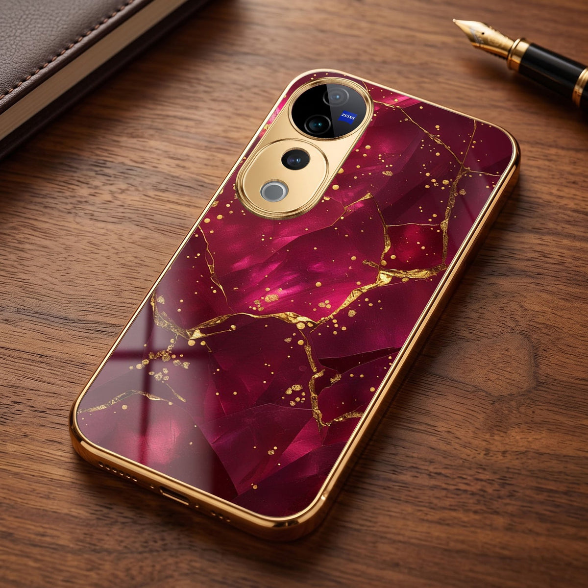 Vivo V40 Pro 5G Luxury Crimson Marble Gold Electroplated Glass Phone Back Case