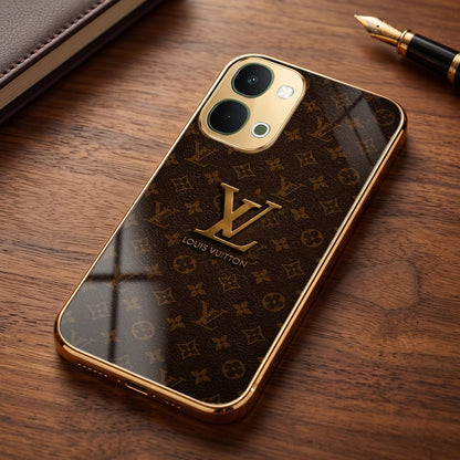 Vivo T5x 5G LV Brown Monogram Gold Electroplated Glass Phone Back Case