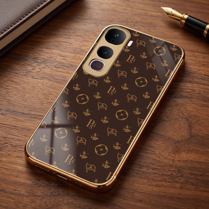 Vivo Y400 Pro 5G Luxury Monogram Brown Gold Electroplated Glass Phone Back Case