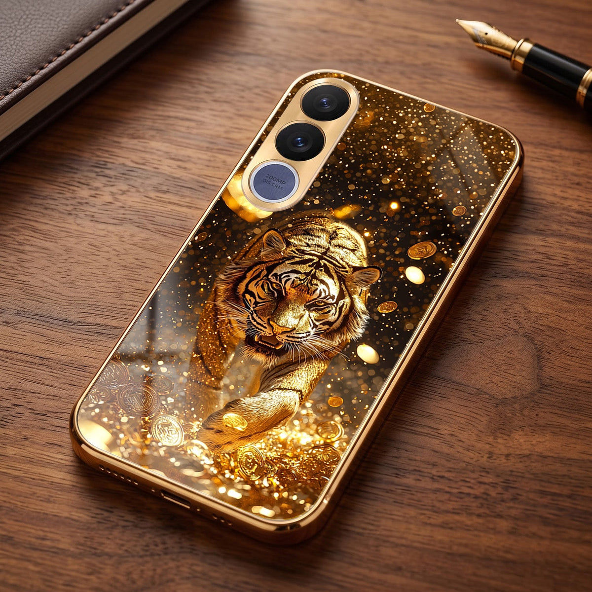 Vivo V70 FE 5G Luxury Tiger Gold Electroplated Glass Phone Back Case
